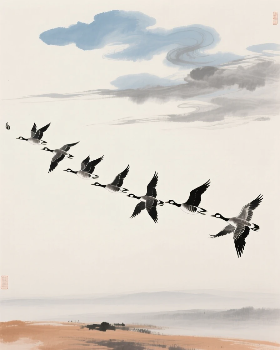 Wild geese flying in a long formation across an open sky, under drifting clouds, touched with gentle melancholy.