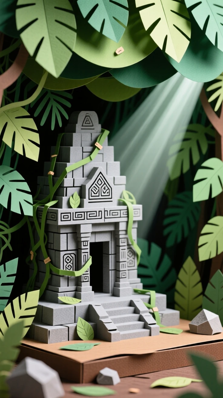 A hidden temple complex overtaken by jungle vines, ancient stone carvings peeking through thick green foliage, shafts of light breaking through the canopy above, capturing mystery and discovery.