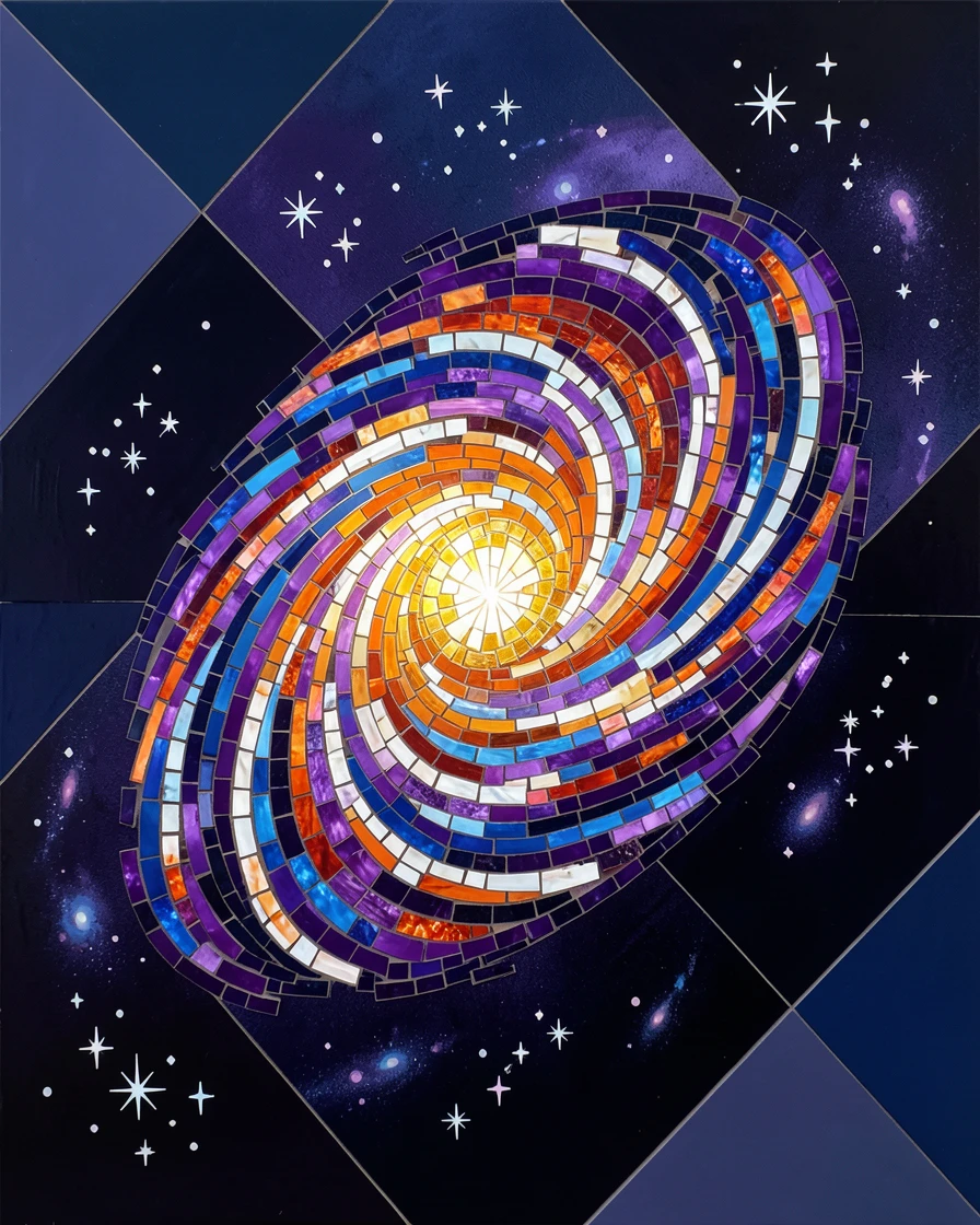 A distant galaxy spiraling in brilliant color against deep space.