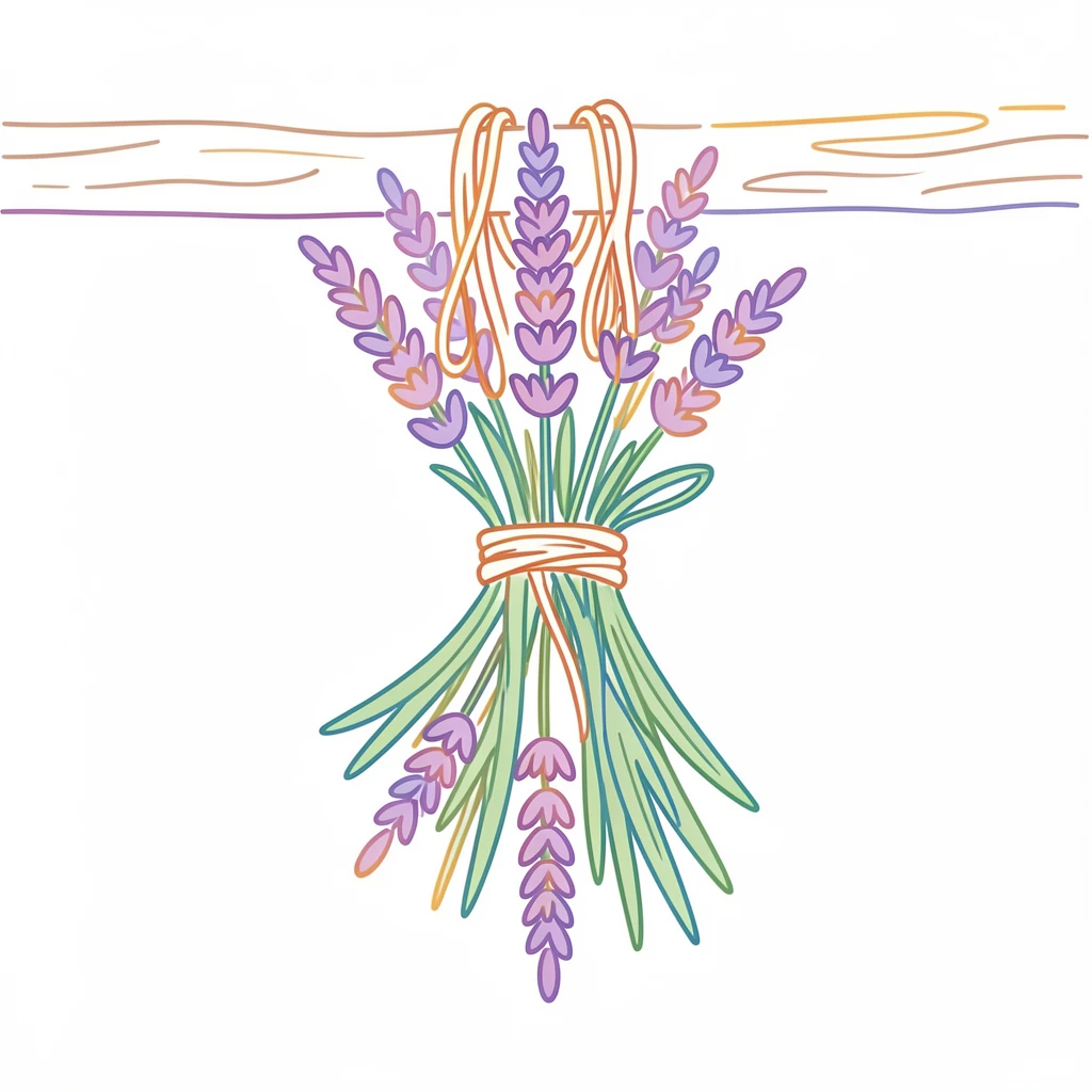 A bundle of lavender stalks tied together and hung to dry against a wall.