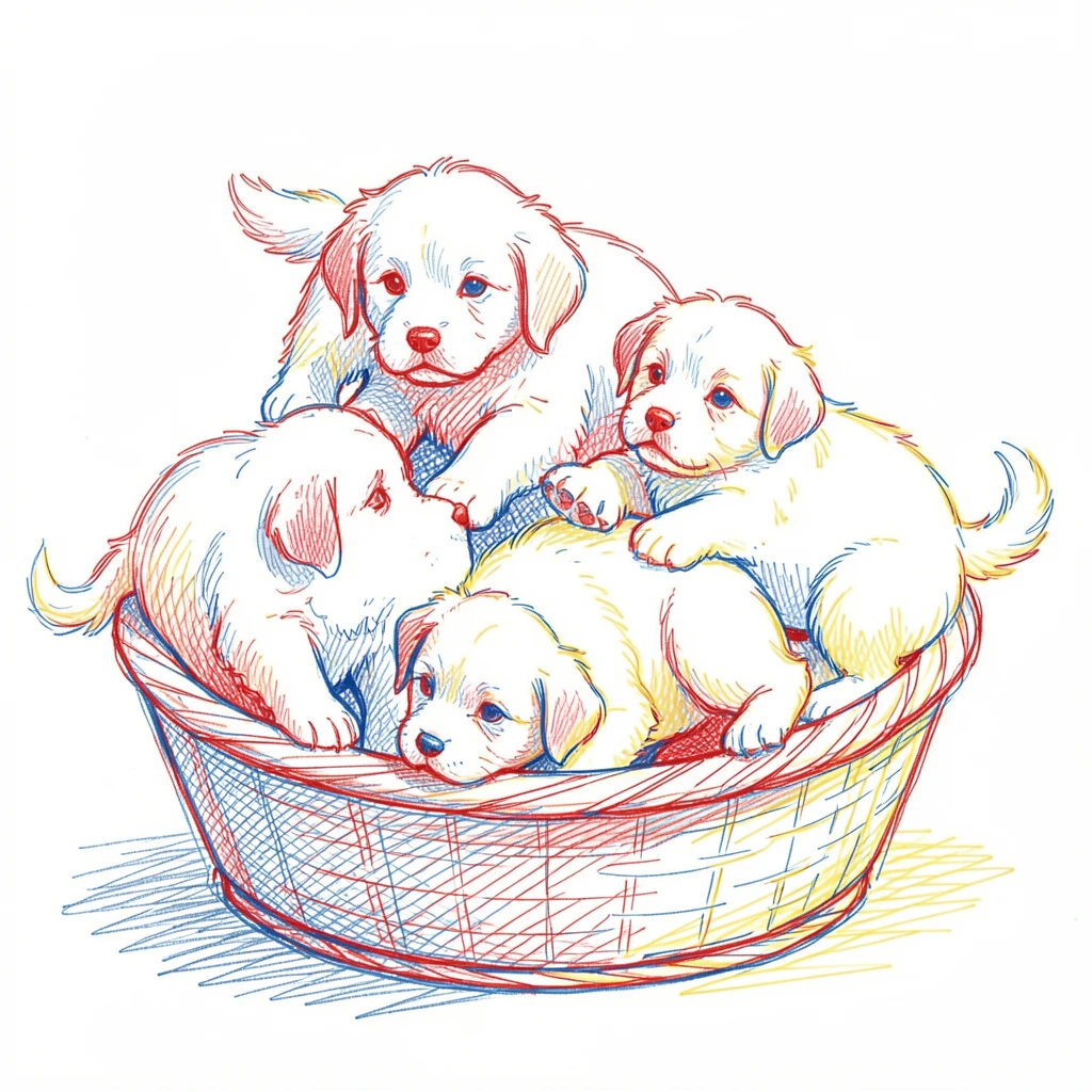 A litter of fluffy puppies tumbling over each other in a basket