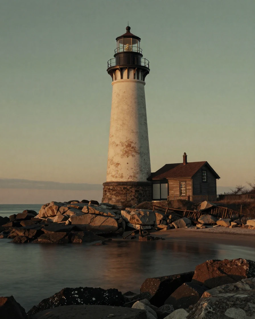 A towering lighthouse standing watch over a rocky point, in the last light of dusk, as heat shimmers over the ground, in the depths of winter, with muted olive and rust colors, from a three-quarter angle.