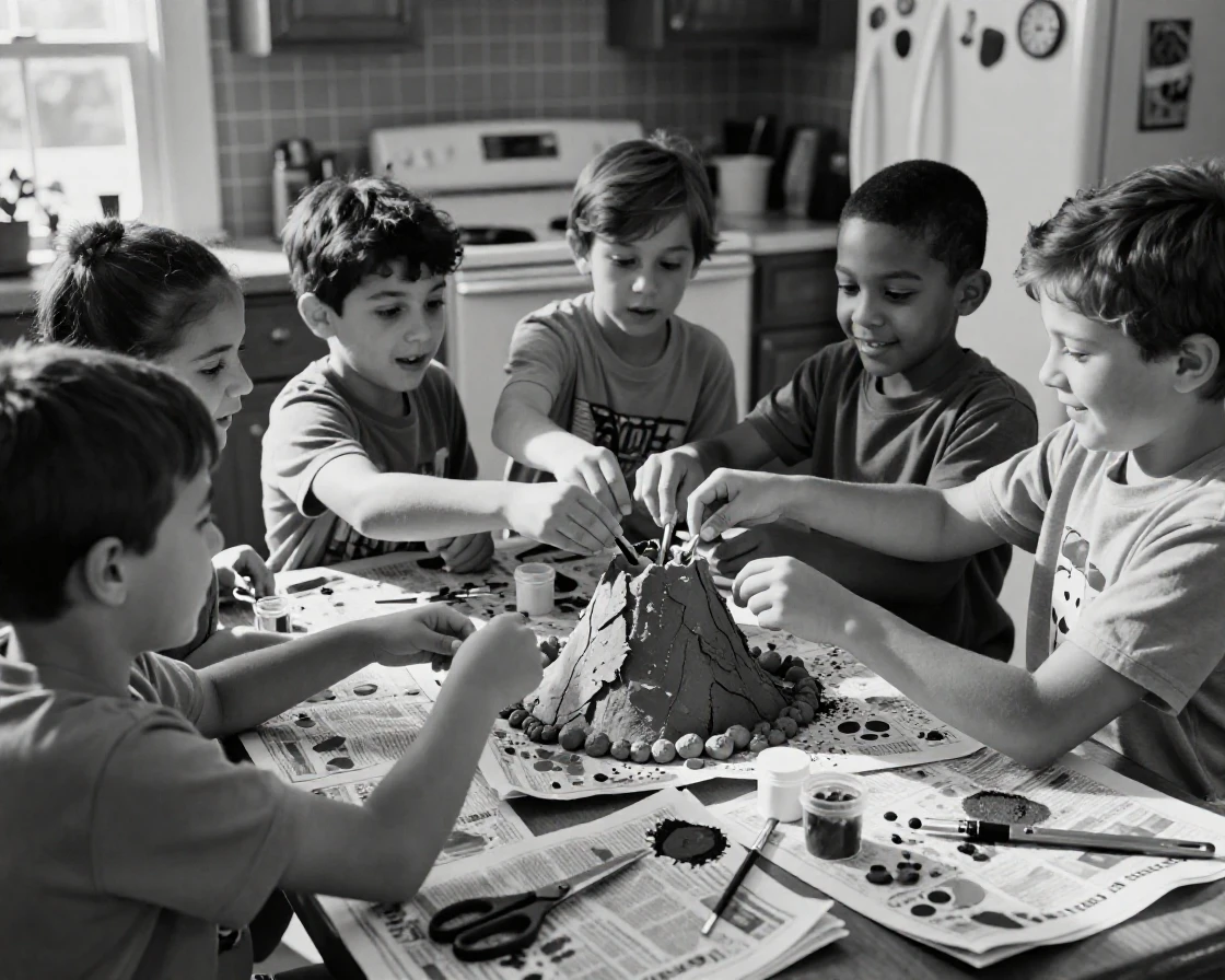 A group of children build a volcano for a science fair at a kitchen table covered in newspaper.