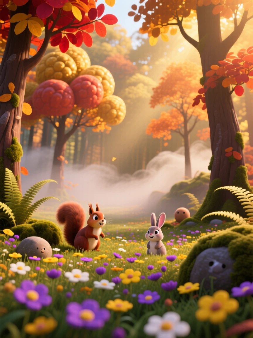 A autumn forest ablaze with color glows while a soft mist rolls gently across the ground, with wildflowers scattered across the foreground. The atmosphere feels fresh, alive, and untouched.