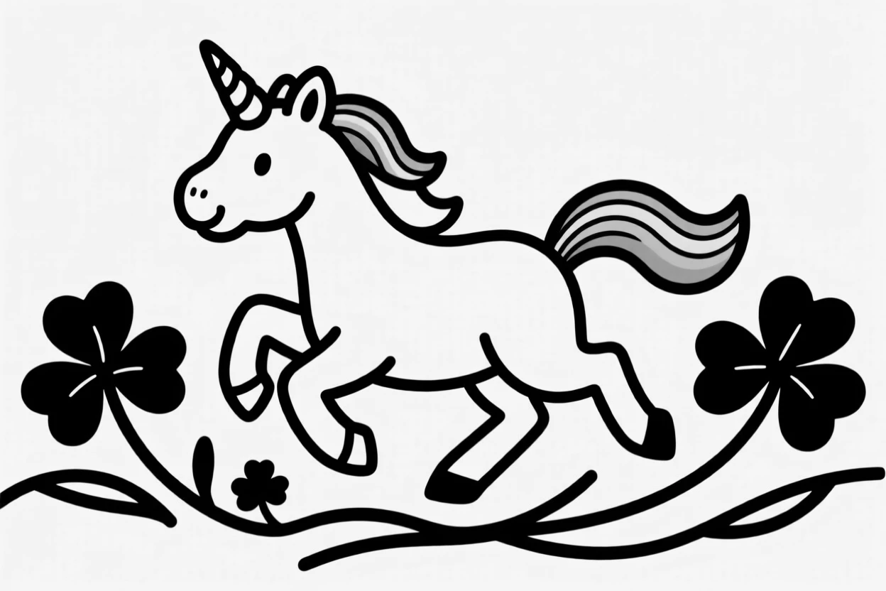 A baby unicorn character with a tiny rainbow mane prancing through clovers.