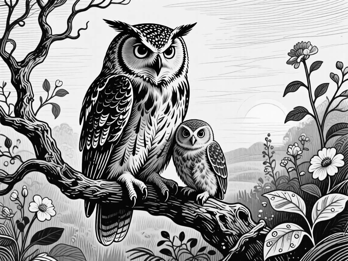 A wise old owl in a garden at first light, with its young close beside it, capturing a mysterious and alert moment in nature with a strong, centered focal point.