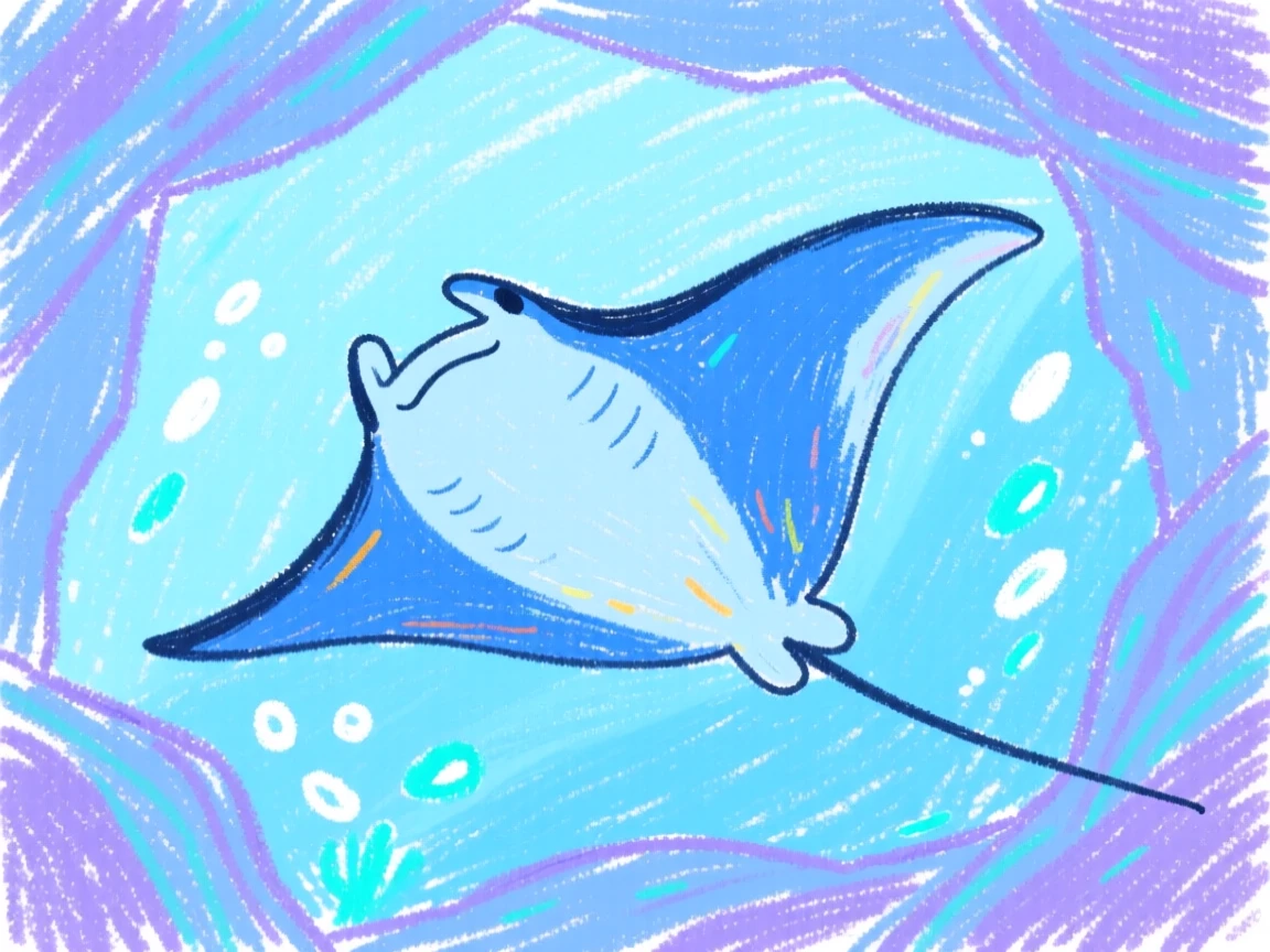 A graceful manta ray moving through a cave lit by soft blue light.