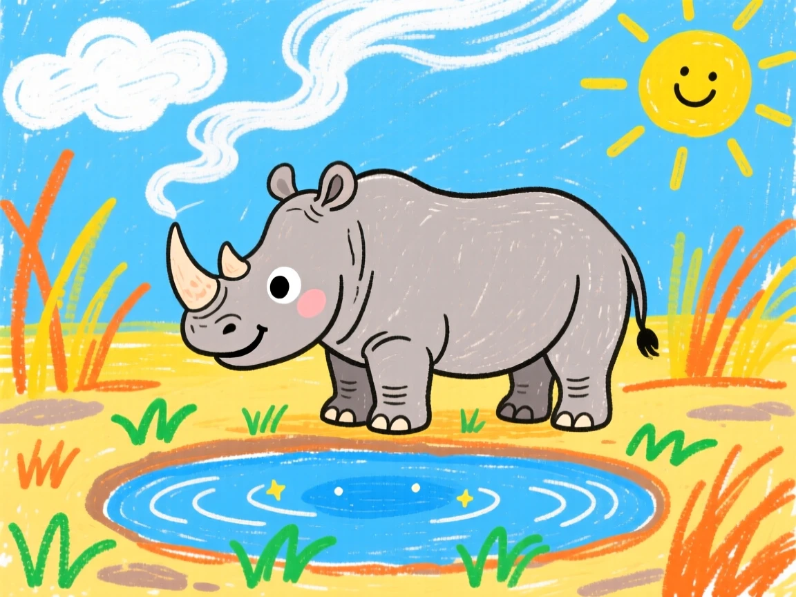 A rhinoceros grazing near a watering hole as the morning mist rises over the savanna.