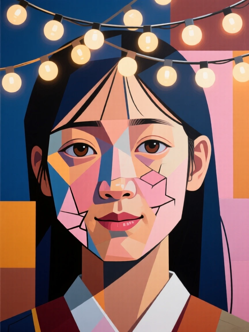 A close-up portrait of a teenage girl of Korean heritage, smiling shyly, beneath a canopy of string lights.