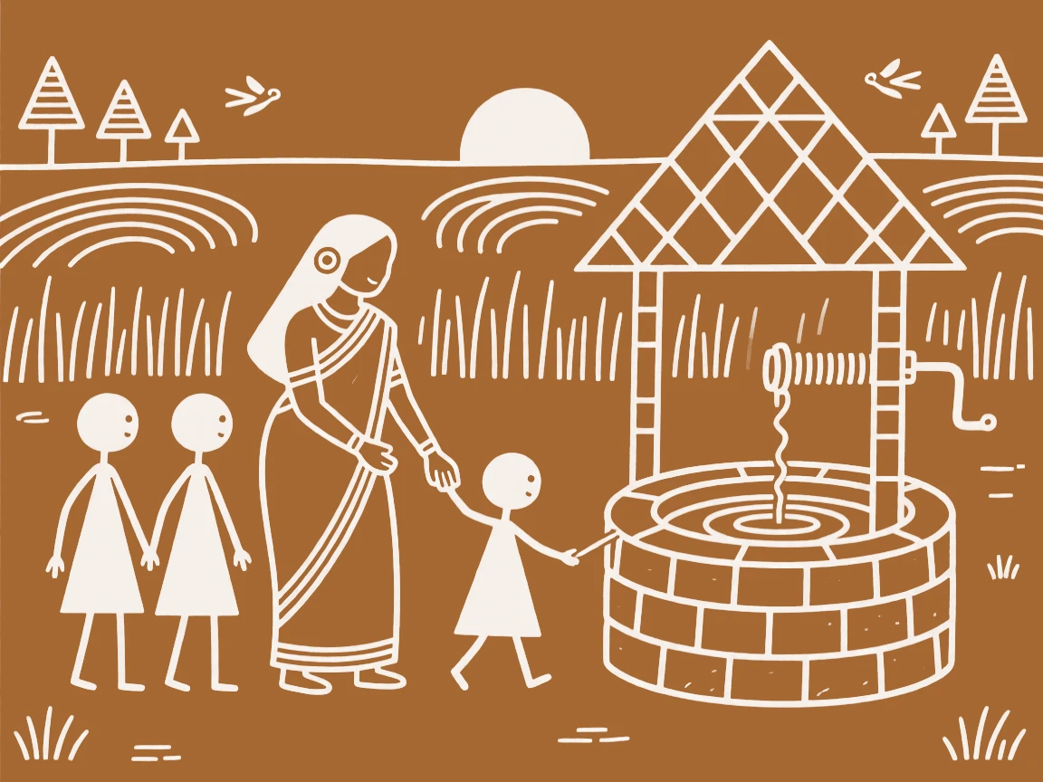 A widow and her grandchildren teaching a child to walk near a well at sunrise.