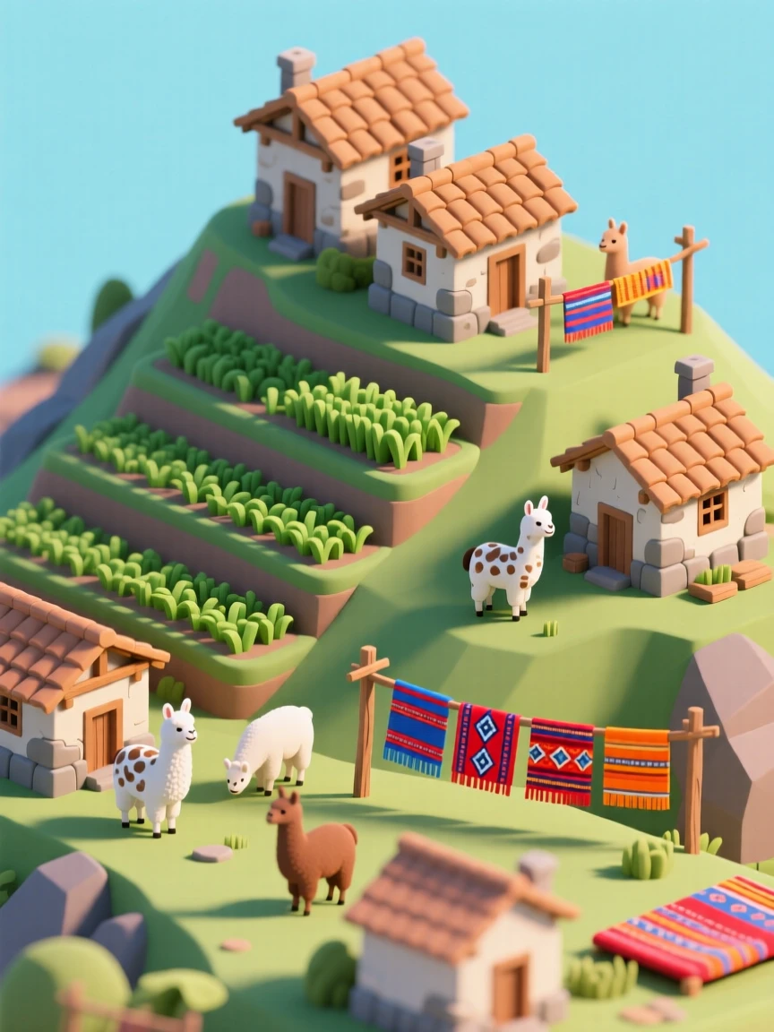 A miniature Peruvian mountain village with terraced fields climbing the hillside, llamas grazing near stone houses, and colorful woven textiles drying in the sun.