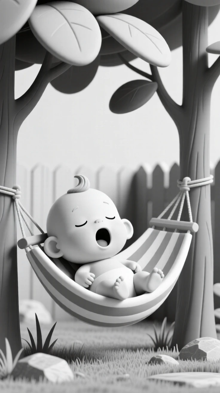A sleepy infant yawns wide while being gently rocked in a soft striped hammock beneath a shady backyard tree.