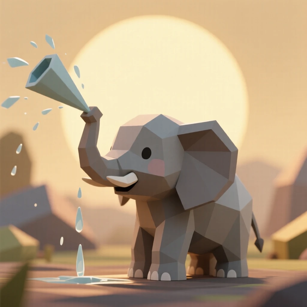 A baby elephant playfully spraying water, beneath a soft golden sunrise. the composition centers the subject with a shallow depth of field. The scene feels calm and majestic.