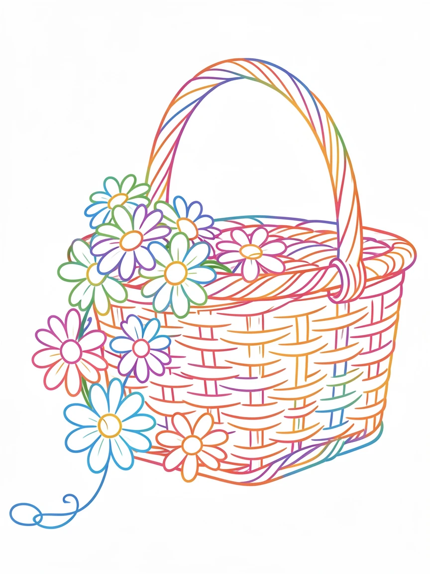 A daisy chain draped over the edge of a wicker picnic basket.