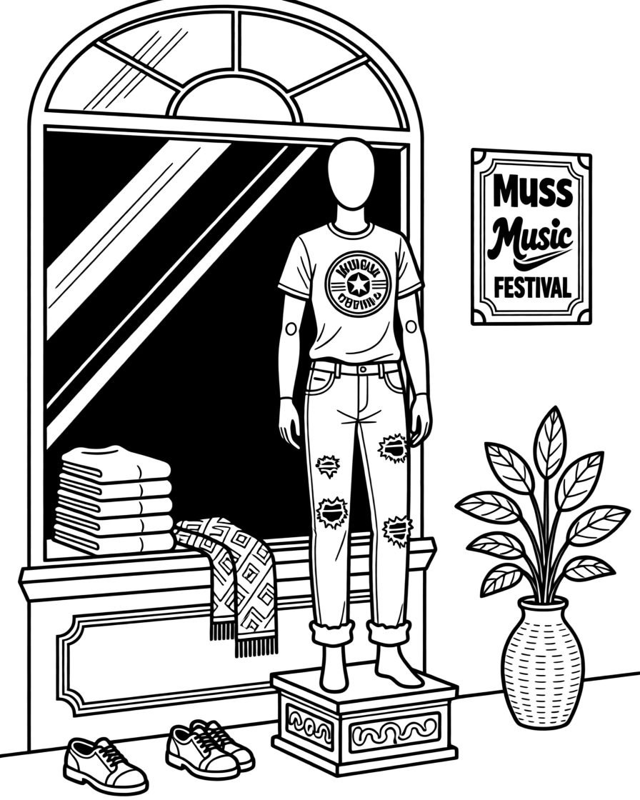 A vintage band t-shirt paired with ripped jeans, displayed on a mannequin in a boutique window.