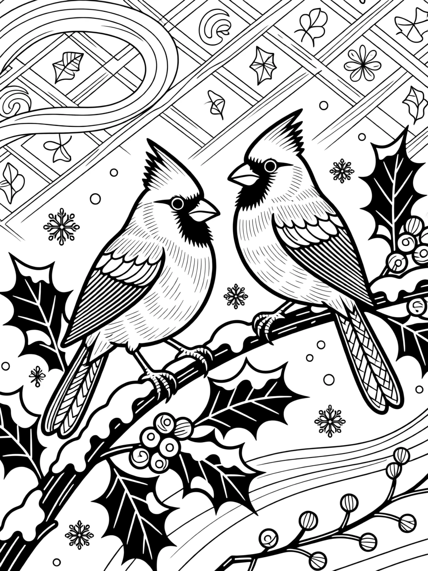 A pair of cardinals perched on a snow-dusted holly branch.