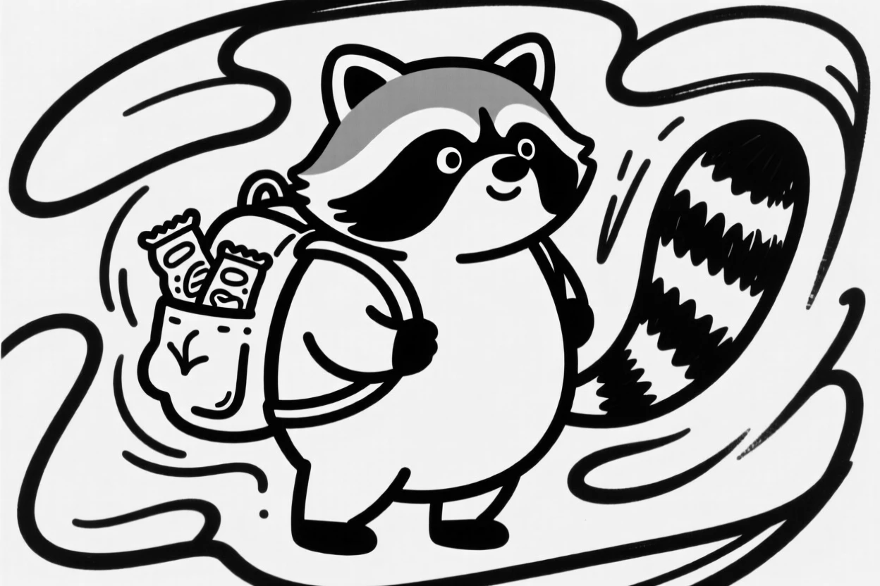 A chubby raccoon character wearing a tiny backpack stuffed with snacks.