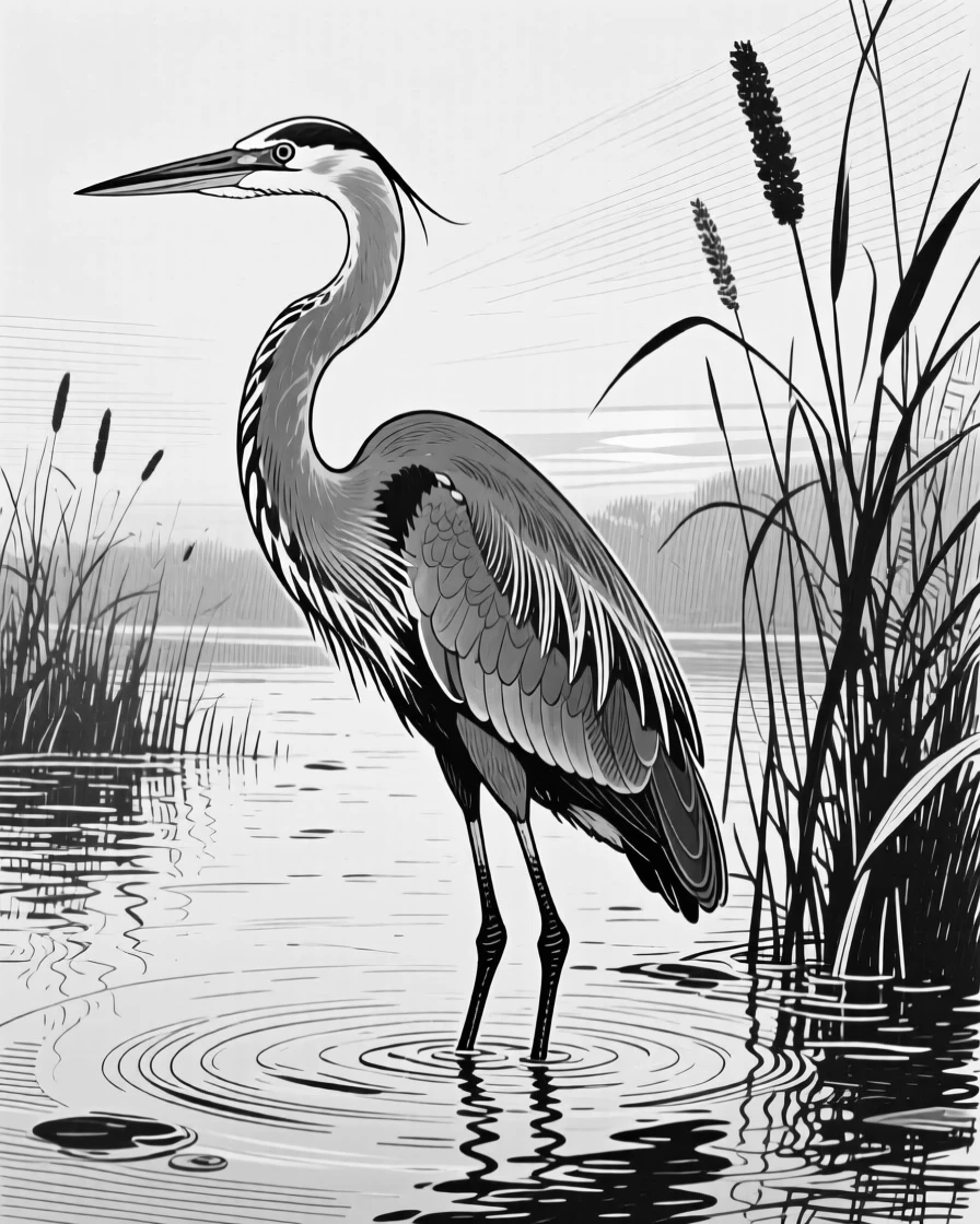 A great blue heron standing motionless in a shallow marsh at dawn.