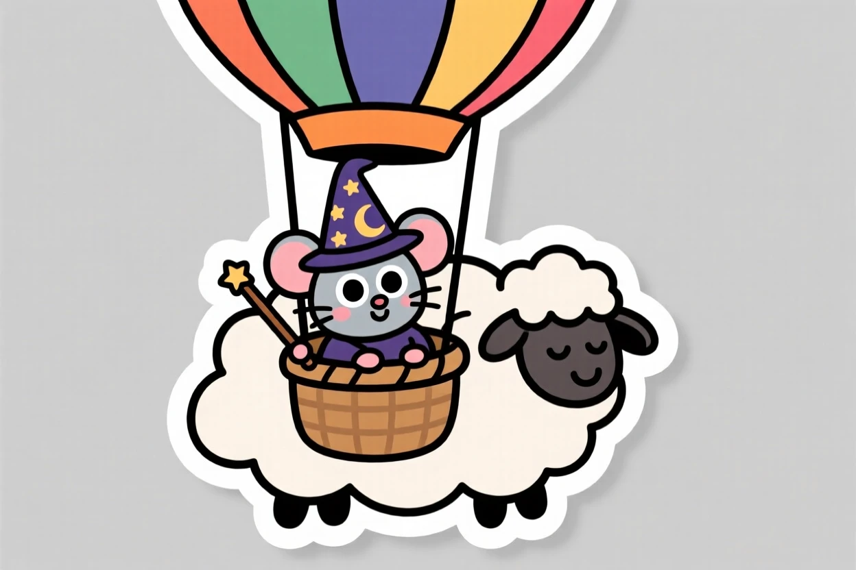 A wide-eyed tiny wizard mouse sitting inside a floating balloon basket, on a cloud shaped like a fluffy sheep.