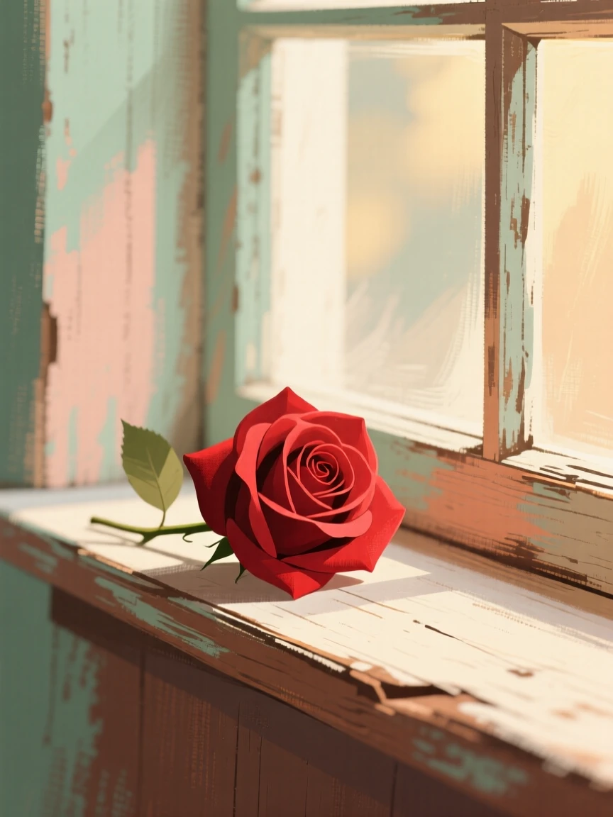 A single red rose resting on an old wooden windowsill