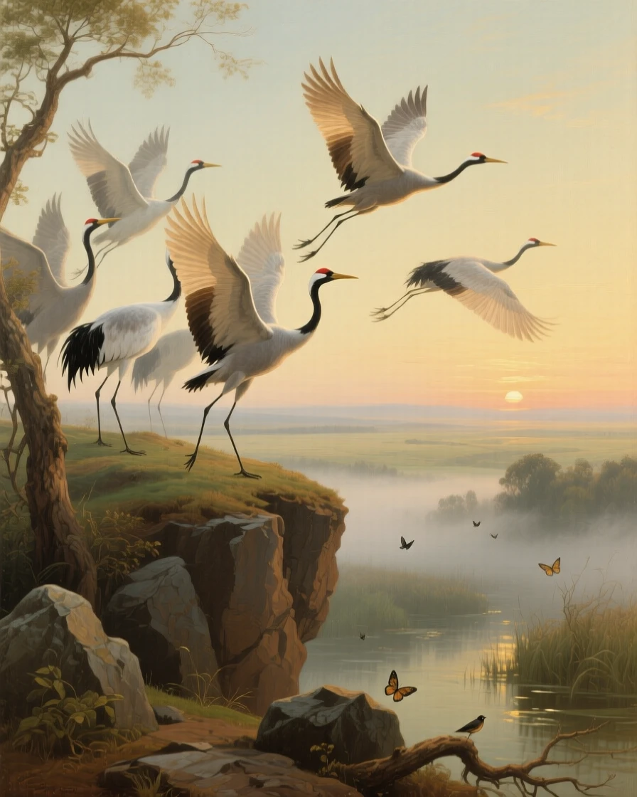 A flock of cranes taking flight from a mist-covered wetland at sunrise in a fleeting instant of natural beauty rarely witnessed, set atop a windswept ridge overlooking a vast, open landscape, with small birds or butterflies adding quiet movement to the scene; strong natural framing from branches or rock formations draws the eye inward, capturing a quiet, breathtaking moment of wild grace.