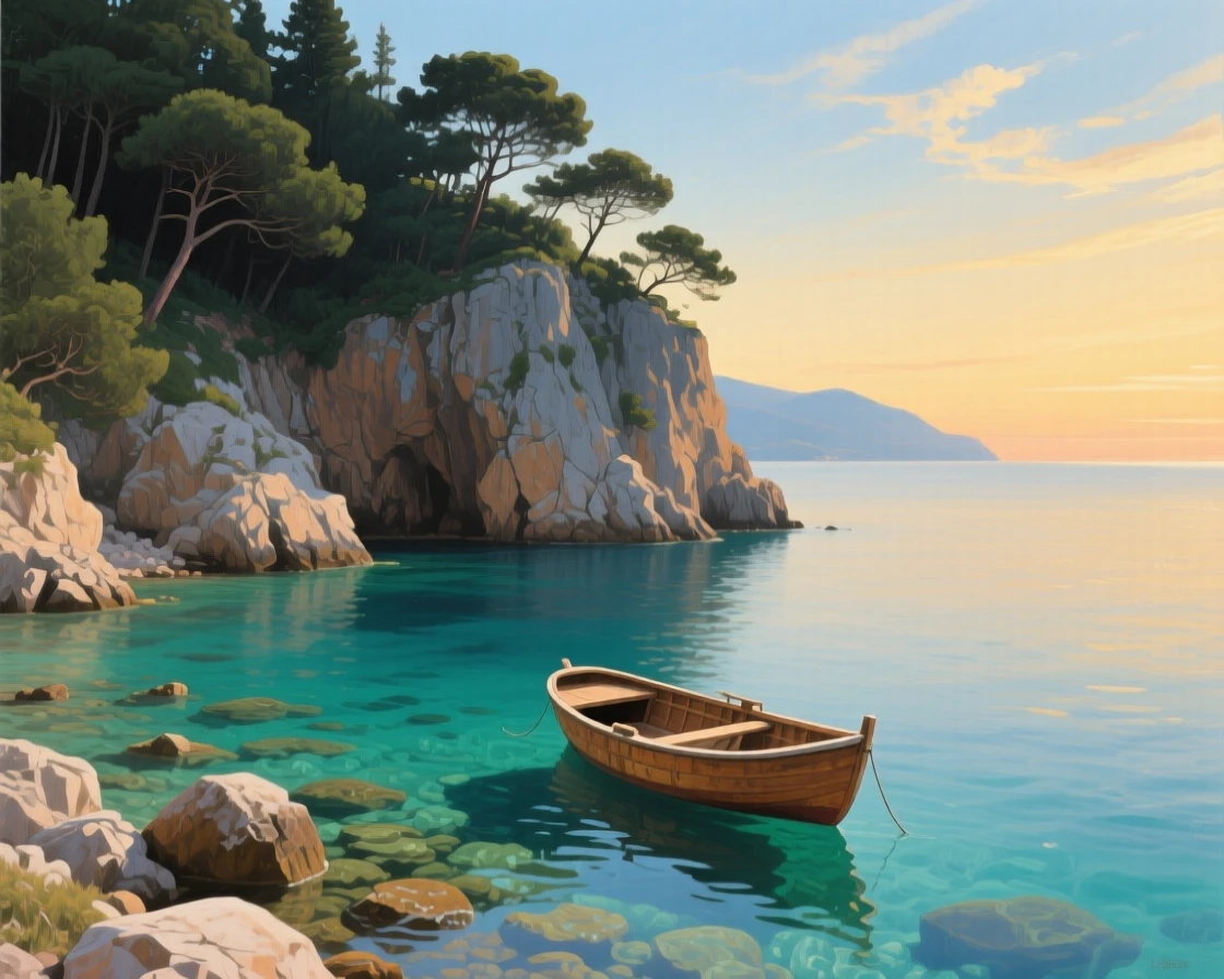A quiet cove on the coast of Croatia shows crystal-clear water revealing sunken rocks below, pine trees leaning over the cliff edge above a small boat, subtle color shifts across the sky suggesting the slow passage of time within the scene.