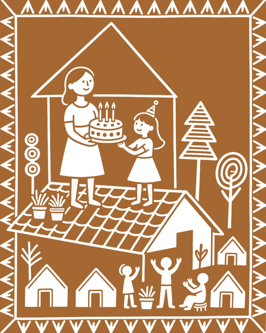 A mother and her grown daughter celebrating a birthday with a simple gathering on a rooftop overlooking the village.