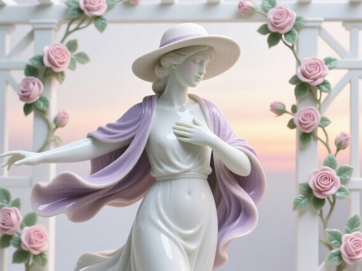 A poet twirling with arms outstretched, wearing a wide-brimmed sun hat and shawl, one hand resting gently over her heart, set against a rose-covered pergola at sunset.