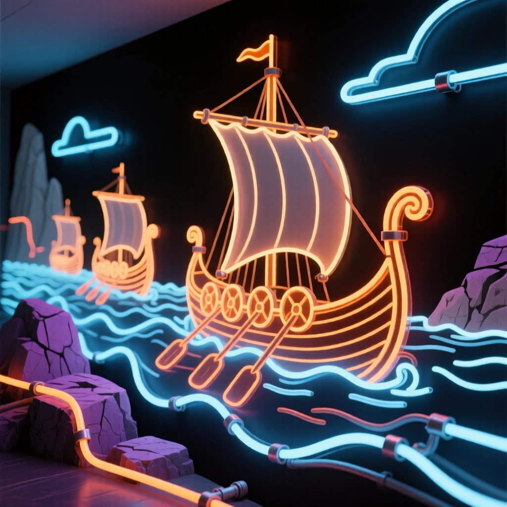 A detailed vignette of a fleet of Viking longships approaching a rocky coastline.