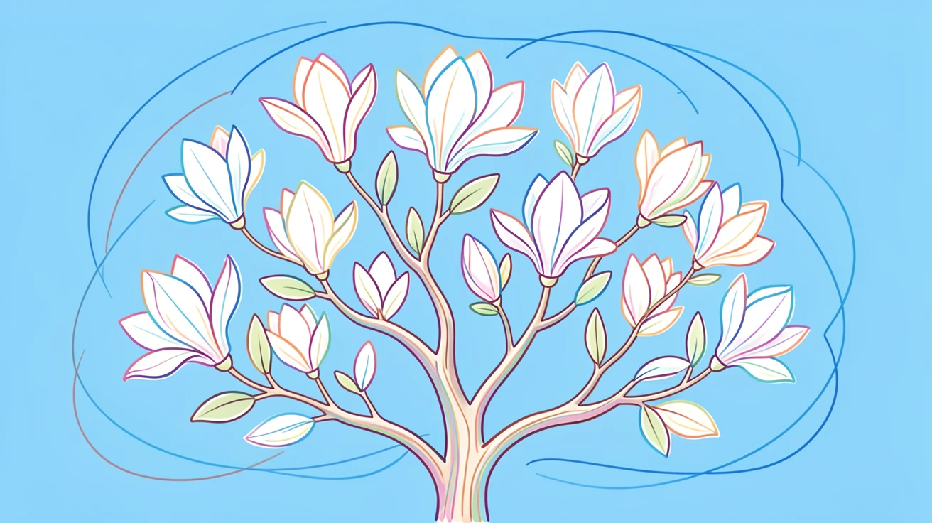 A magnolia tree in full bloom with large white blossoms against a blue sky.