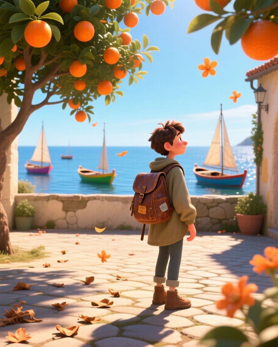 A lone traveler with a worn backpack stands inside a sunlit courtyard filled with orange trees, letting the wind catch their jacket. A warm sense of gratitude and wanderlust colors the moment, with small boats bobbing in the distance.