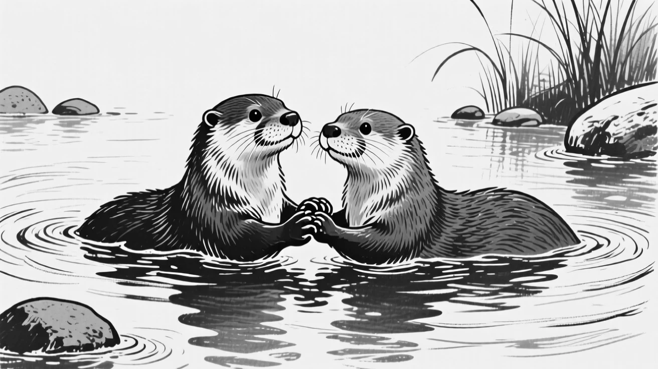 A pair of otters holding paws while floating together on a river.