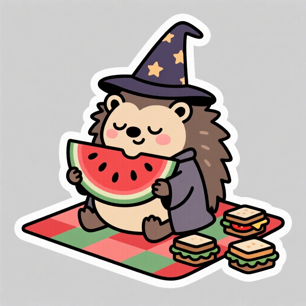 A sleepy round hedgehog wizard holding a slice of watermelon bigger than its head, on a picnic blanket with tiny sandwiches nearby.