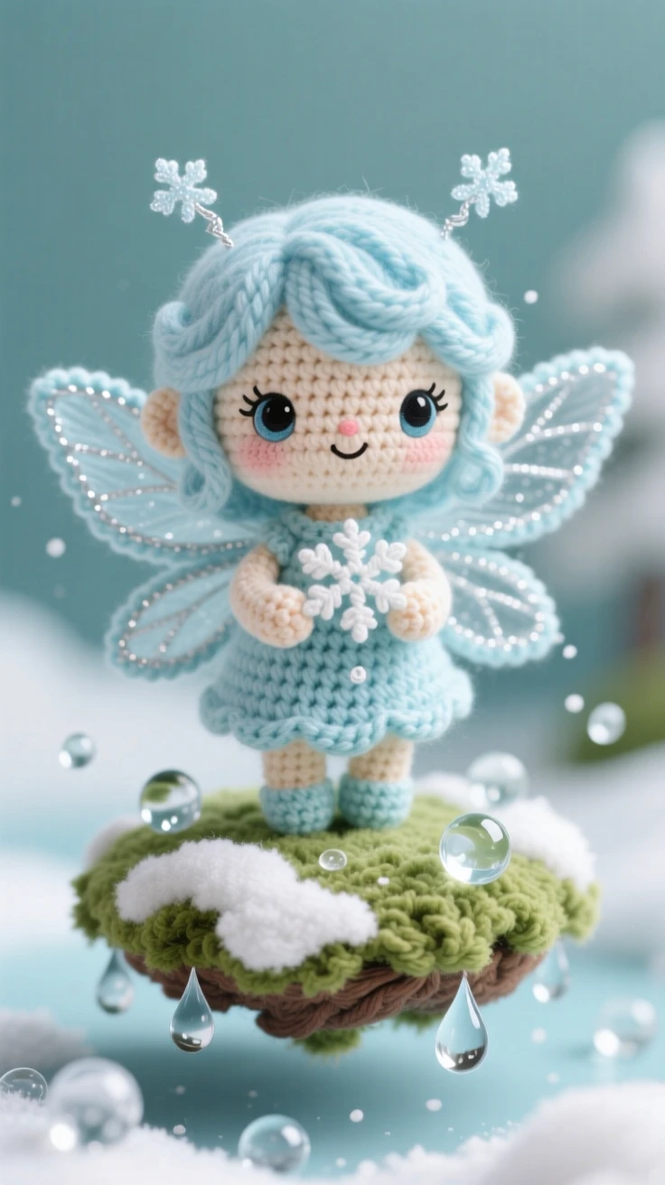 a tiny ice fairy, with frost-tipped wings and pale blue hair, sprinkling snowflakes from cupped hands, within a floating island drifting among the clouds, near a scattering of shimmering dewdrops, radiating a sense of gentle magic and quiet wonder.