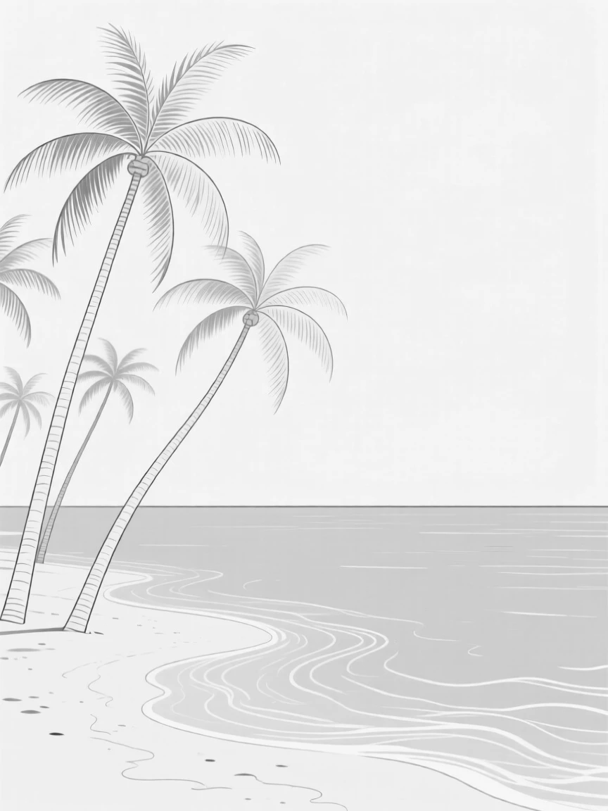 A tropical beach with palm trees leaning over turquoise water