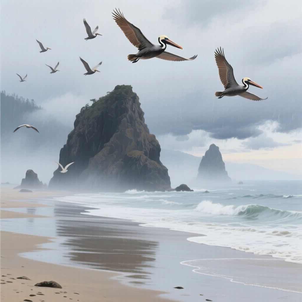 A misty morning at a beach in Northern California shows sea stacks rising from the fog, waves gently lapping the sand, a flock of pelicans flying low overhead, distant weather visible on the horizon hinting at conditions that will arrive within the hour.