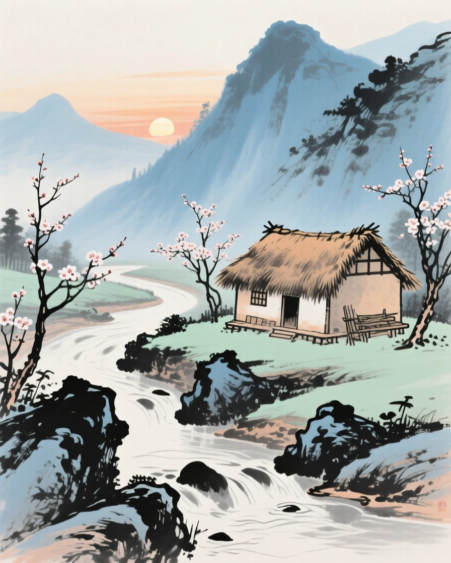 A rustic thatched cottage beside a bend in a mountain stream, in a warm breeze carrying the scent of blossoms, radiating gentle serenity, in the quiet hour before sunrise.