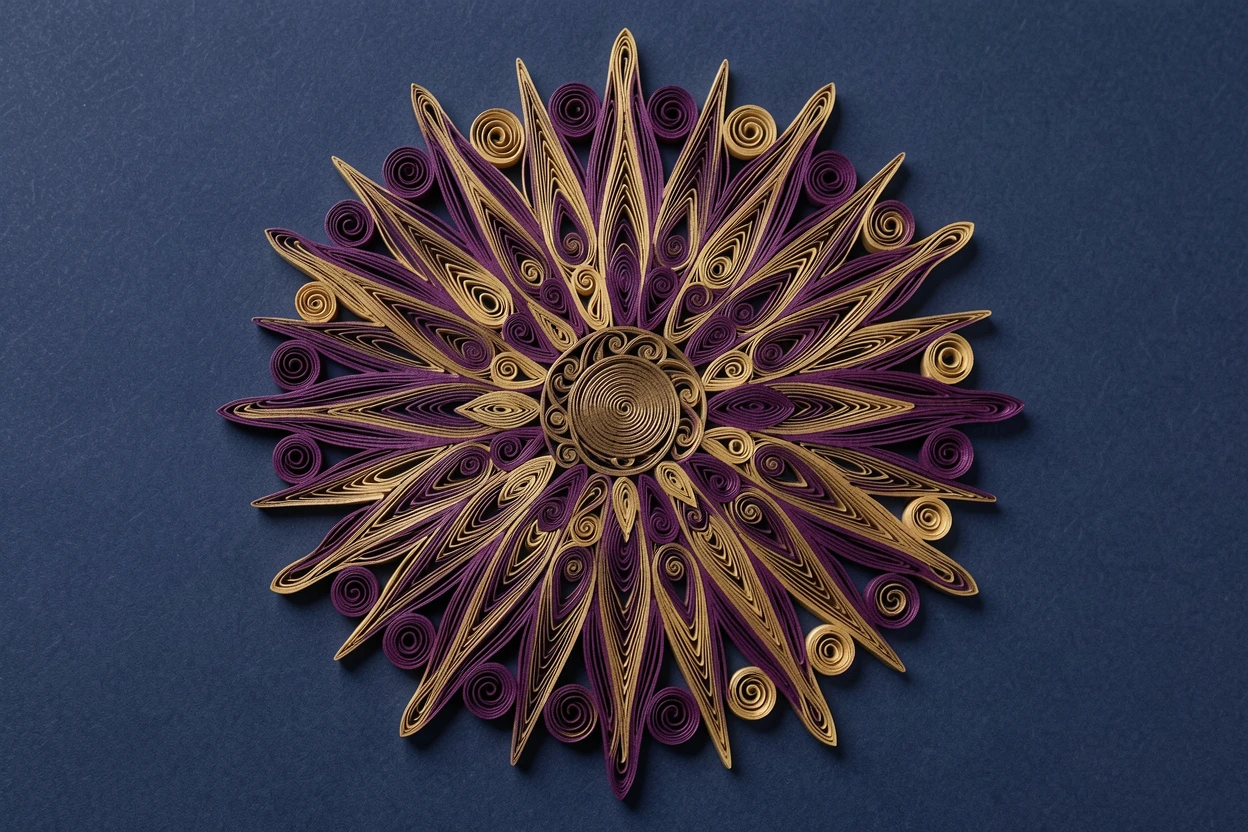 An elegant design featuring a radial sunburst pattern with fine layered rays, built up in graduated layers of increasing size, in rich plum and antique gold hues, displayed against a deep navy backdrop.