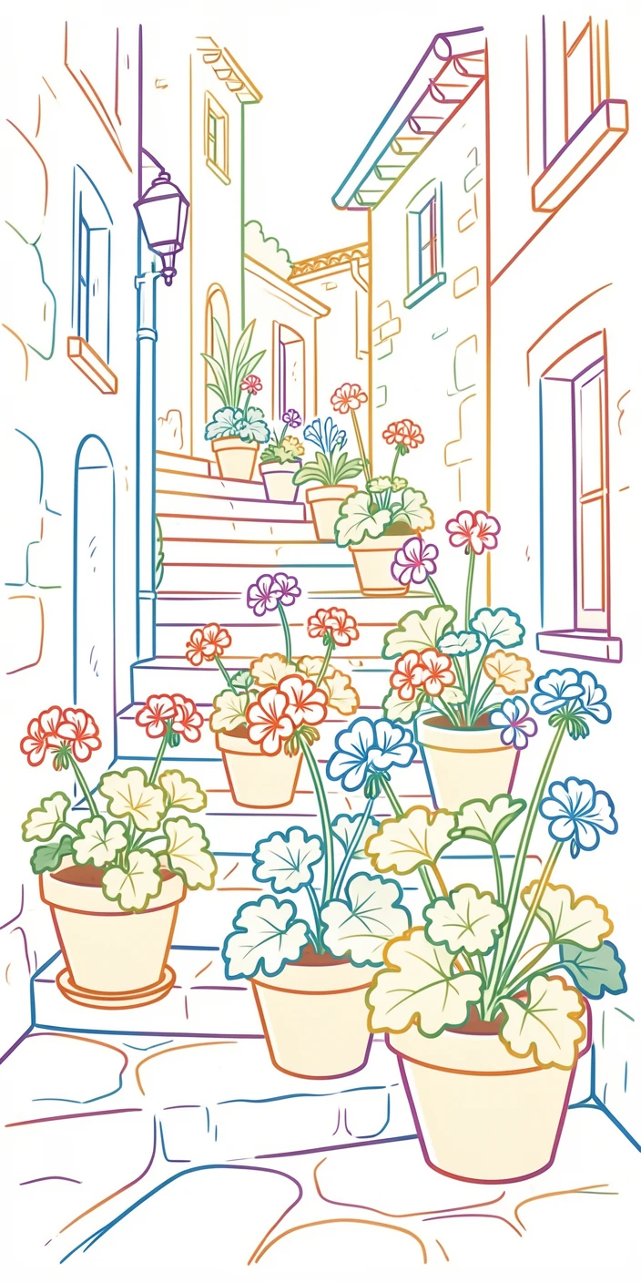 A row of potted geraniums lining a stone staircase in a Mediterranean village.