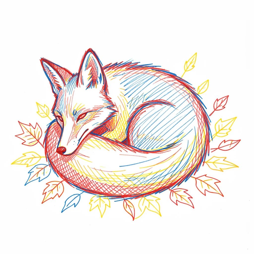 A fox curled asleep in a bed of autumn leaves, tail wrapped around its nose