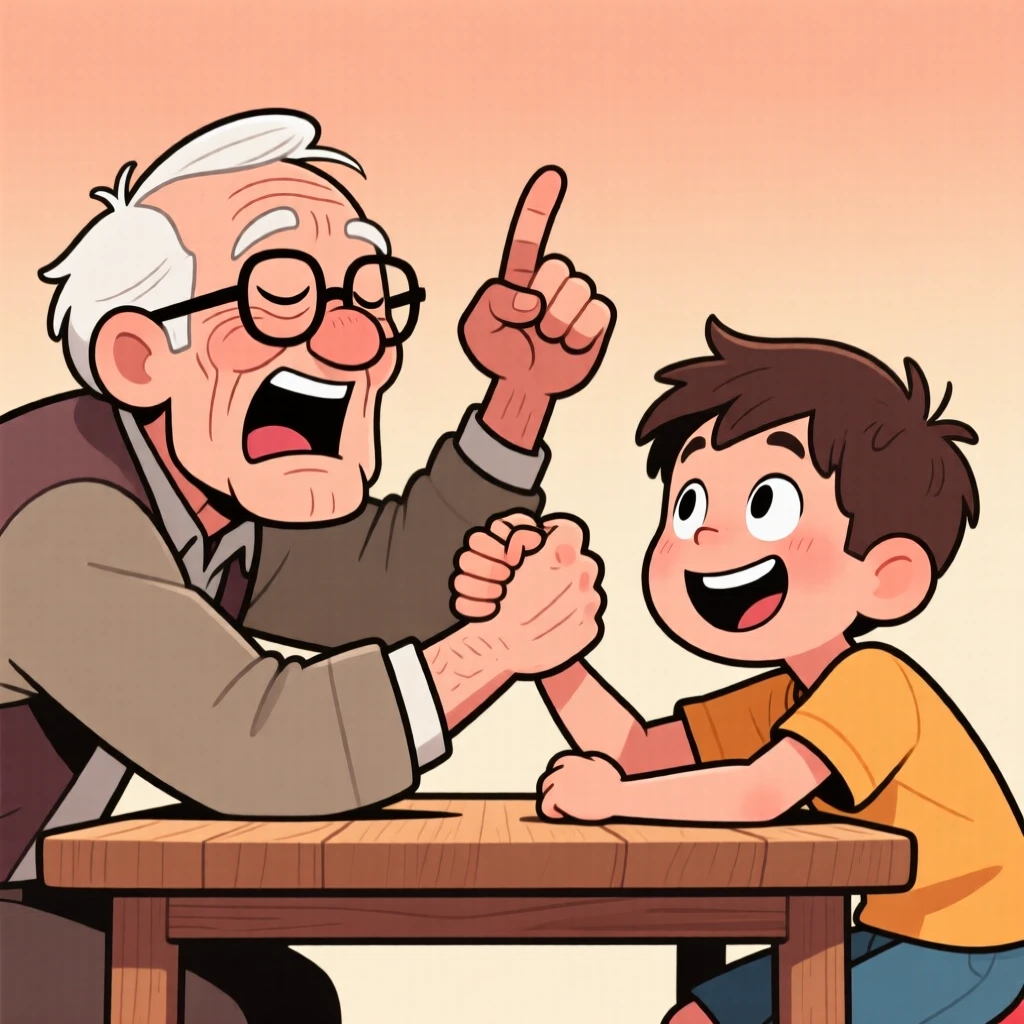 A funny expressive moment showing a grandfather pretending to be defeated in an arm-wrestling match with his beaming grandson.