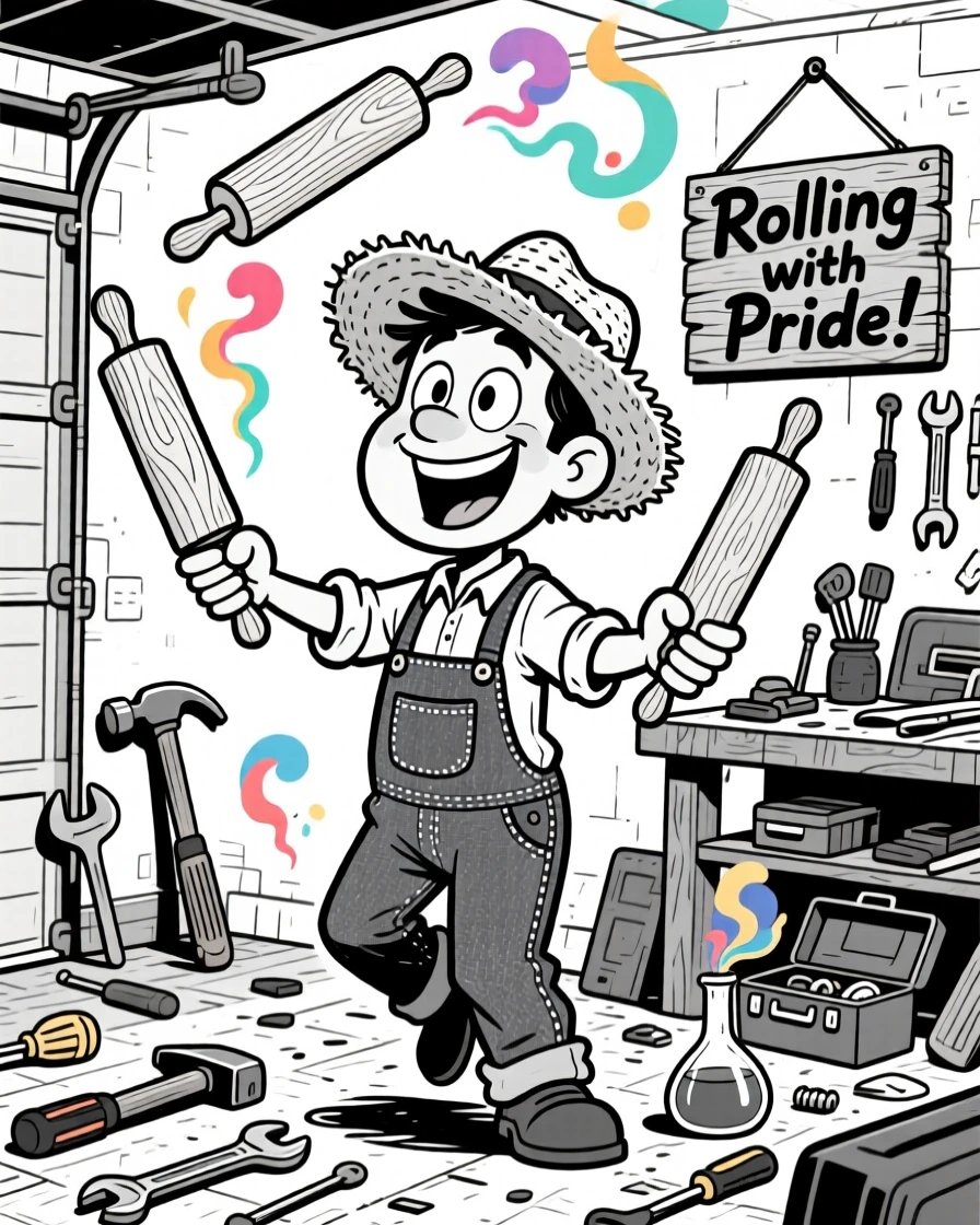 A jovial farmer in overalls and a straw hat, juggling three rolling pins at once, set in a garage full of scattered tools. Colorful smoke puffs from an overturned flask. There's pride and humor woven into the moment.