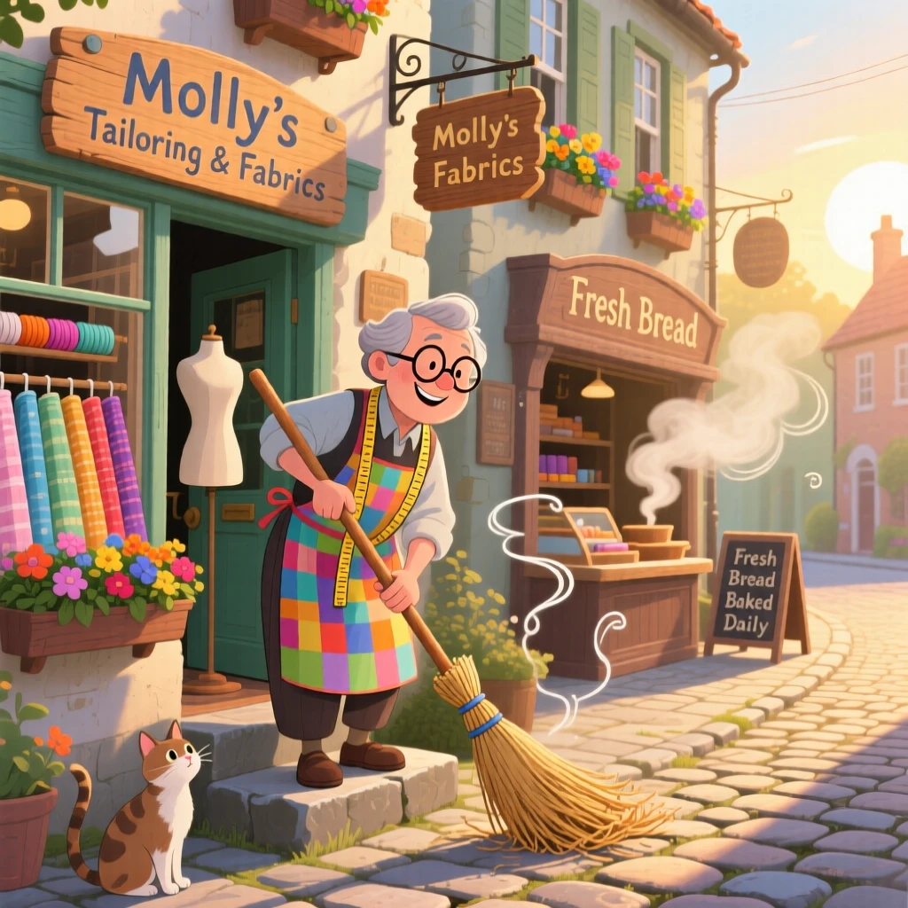 A tailor measuring fabric pauses while sweeping the front steps at sunrise in a cobblestone village street, with the smell of fresh bread drifting through the air.