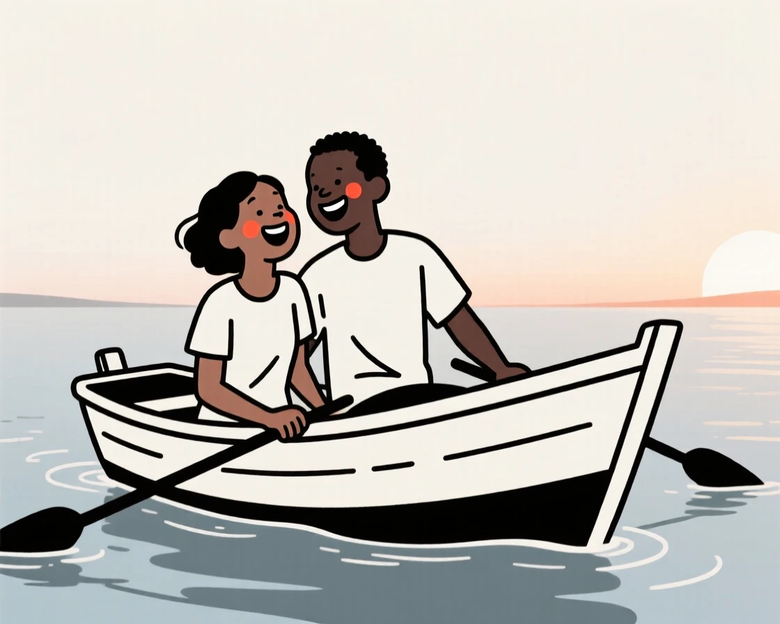 A young couple of Kenyan heritage, laughing joyfully, on a fishing boat at dawn.