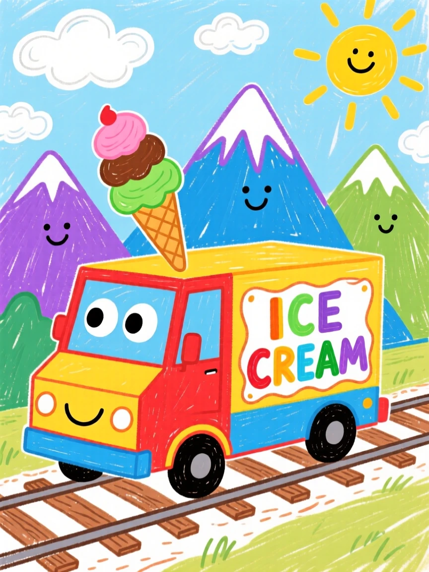 A cheerful ice cream truck chugging along tracks beside a mountain range.
