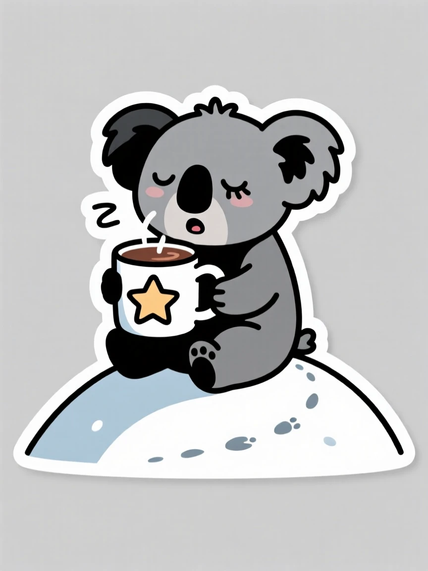 A surprised sleepy koala sipping cocoa from a star-shaped mug, on a snowy hill with tiny footprints trailing behind.