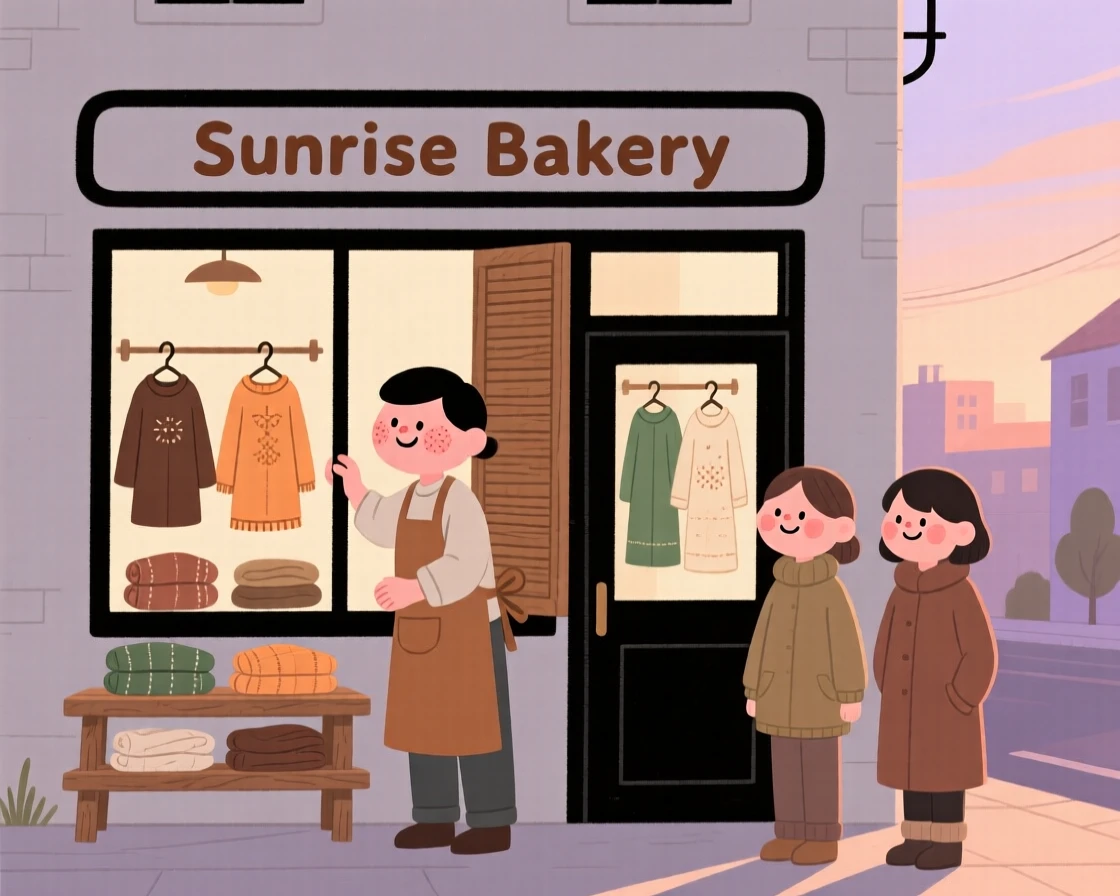 A shopkeeper opens the shutters of a small bakery at dawn, arranging hand-stitched garments in the window as the first customers approach.