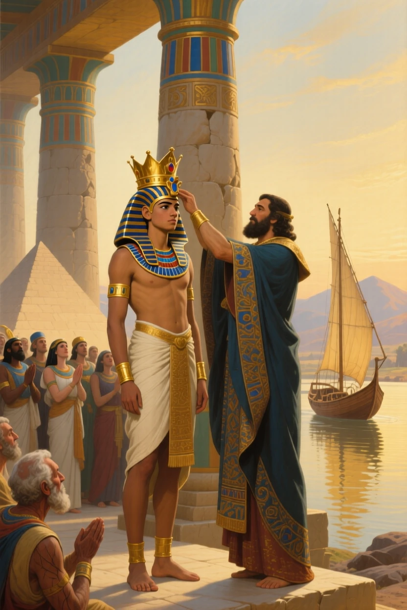 The Egyptian pharaoh being crowned beneath towering stone pillars just as the crowd falls silent in awe, set beside the rushing waters of a mythic river, with distant ships and mountains fading into a golden haze; the composition centers the hero in a pyramid of surrounding figures, evoking awe, destiny, and the weight of history.