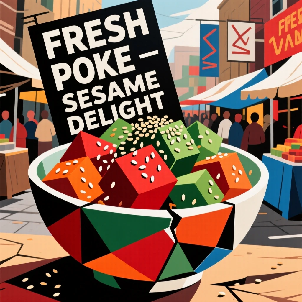 A mouthwatering image of a bowl of vibrant poke topped with sesame displayed at a bustling outdoor market stall.