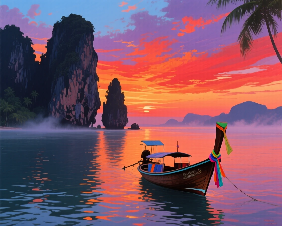 A tropical sunset over the Andaman Sea silhouettes limestone karsts rising from the water near Krabi, a longtail boat drifting past toward the horizon, the air carrying a faint mist that softens distant shapes without obscuring the overall view.